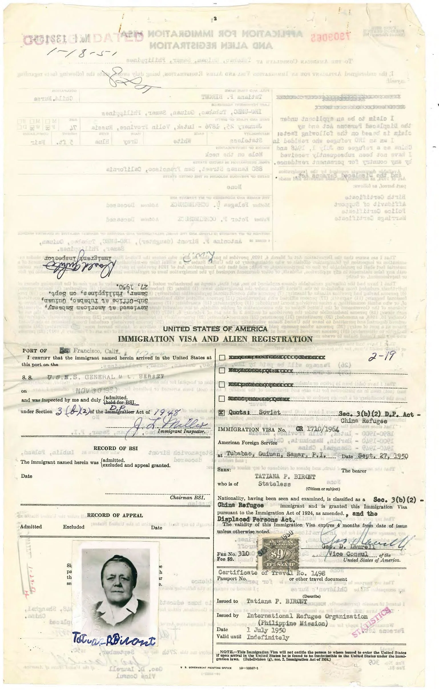 Immigration Visa Application of Tatiana Biront, 1950