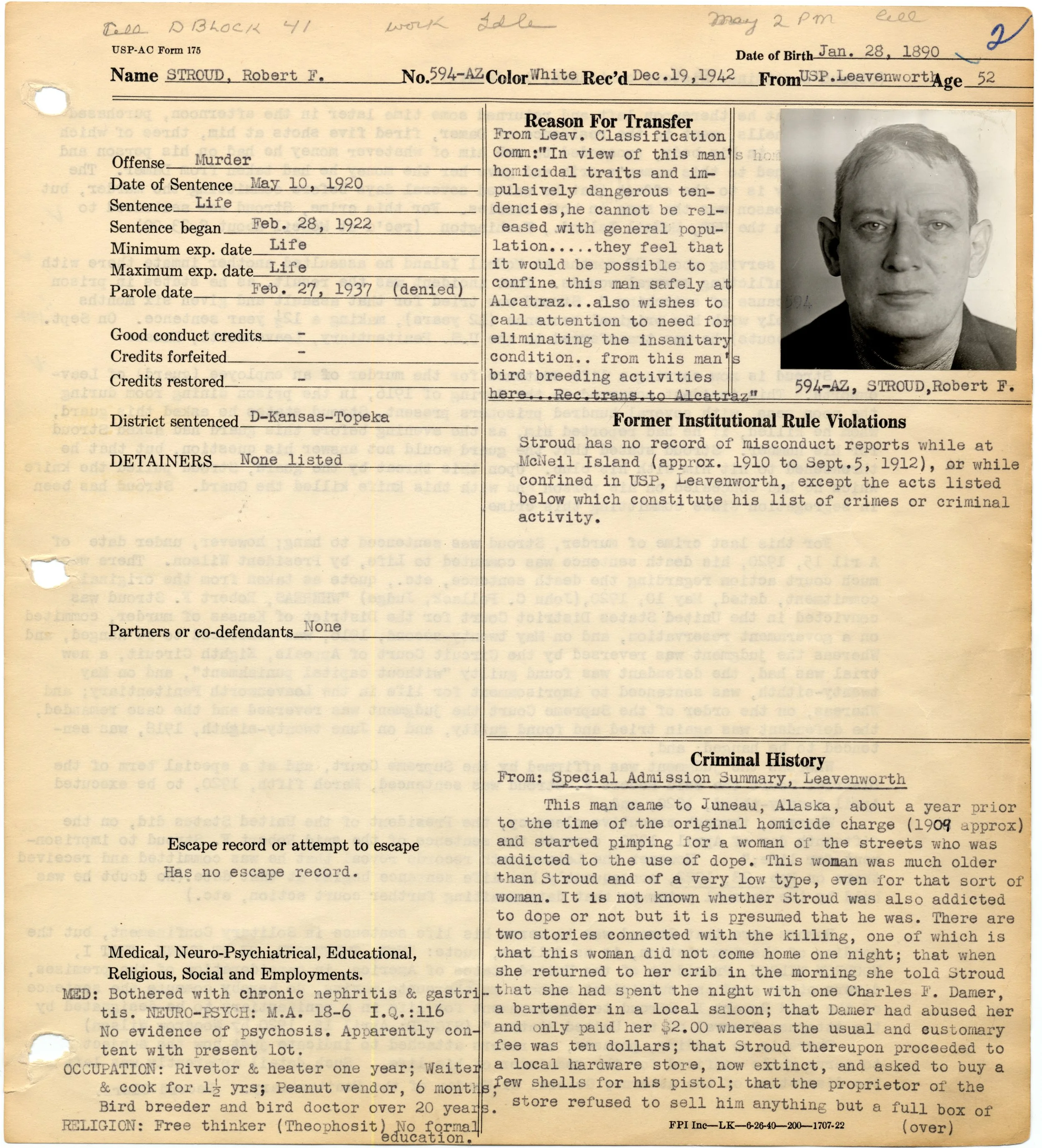 Warden’s Notebook Page for Robert Stroud, 594-AZ