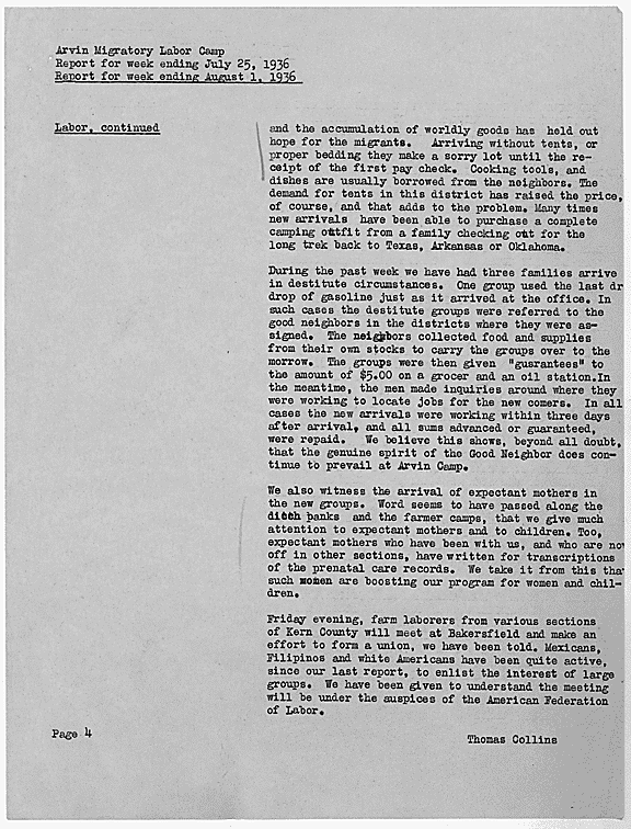Excerpt from Arvin Camp Manager Tom Collins’ Report, 1936