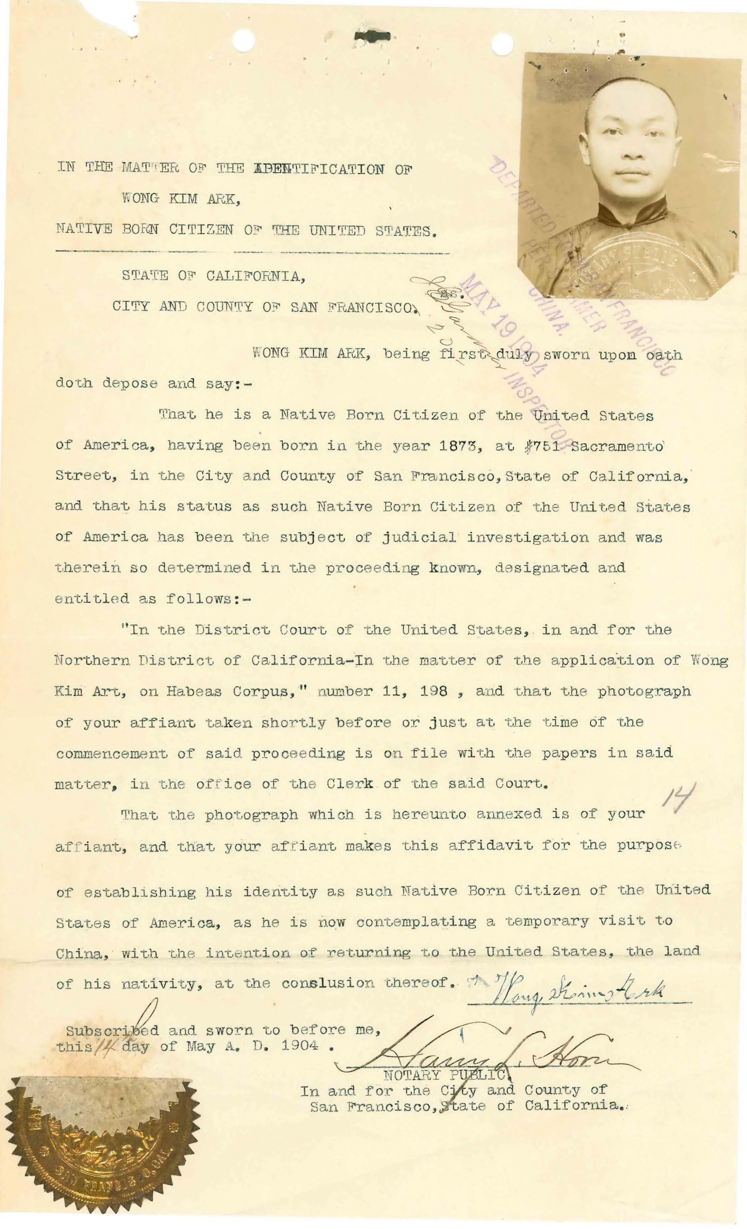 In the Matter of the Identification of Wong Kim Ark, 1904