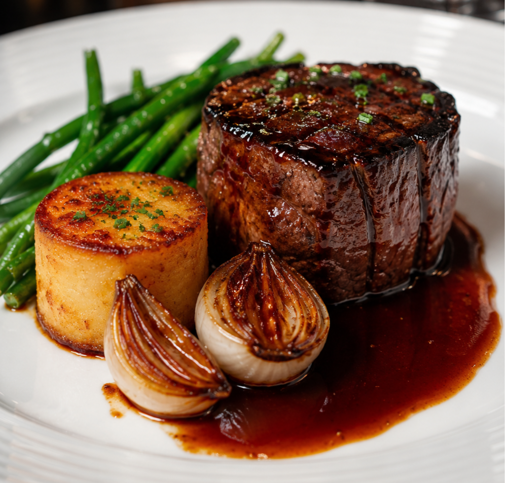 Filet Mignon au Jus with Crisp Polenta Cake