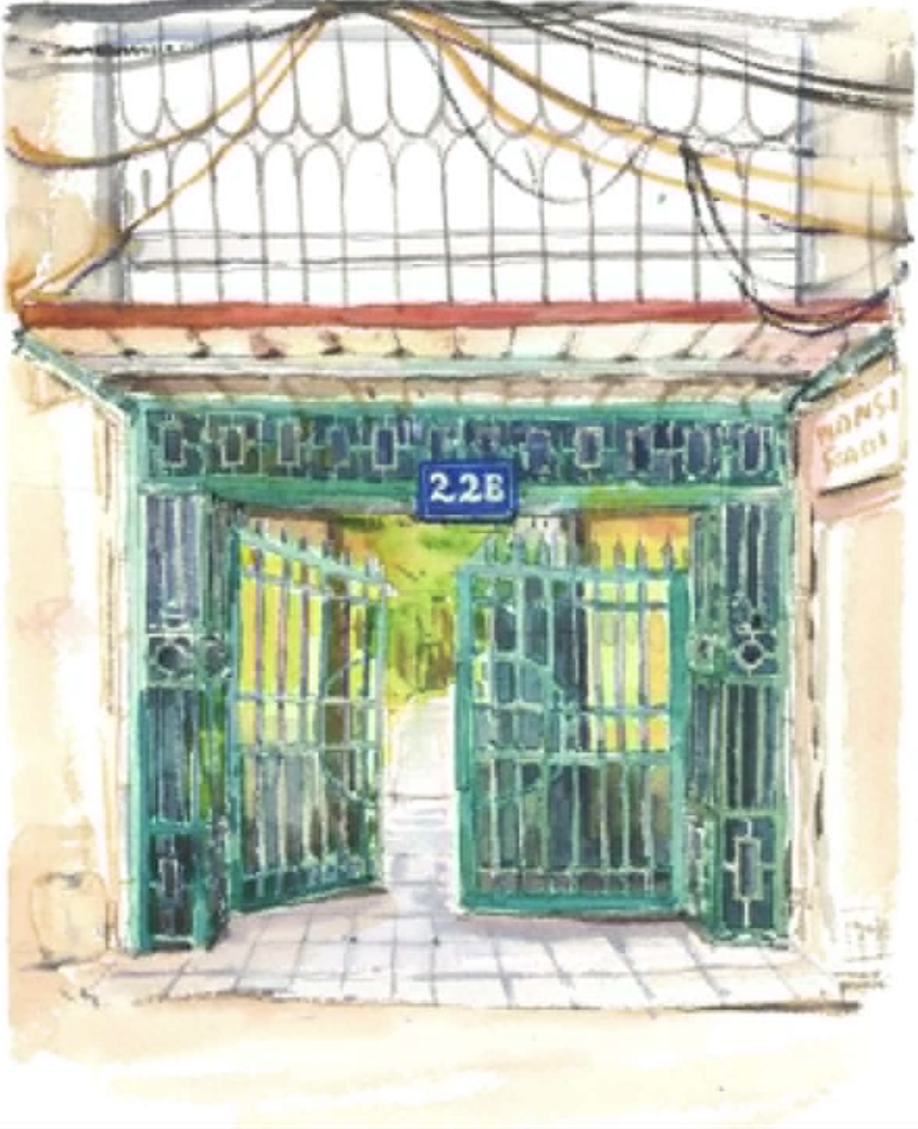 Watercolor painting of a gated entrance with the address 226 above the gate, the gate is green with bars and decorative elements, and there is a small sign to the right that says "Doses