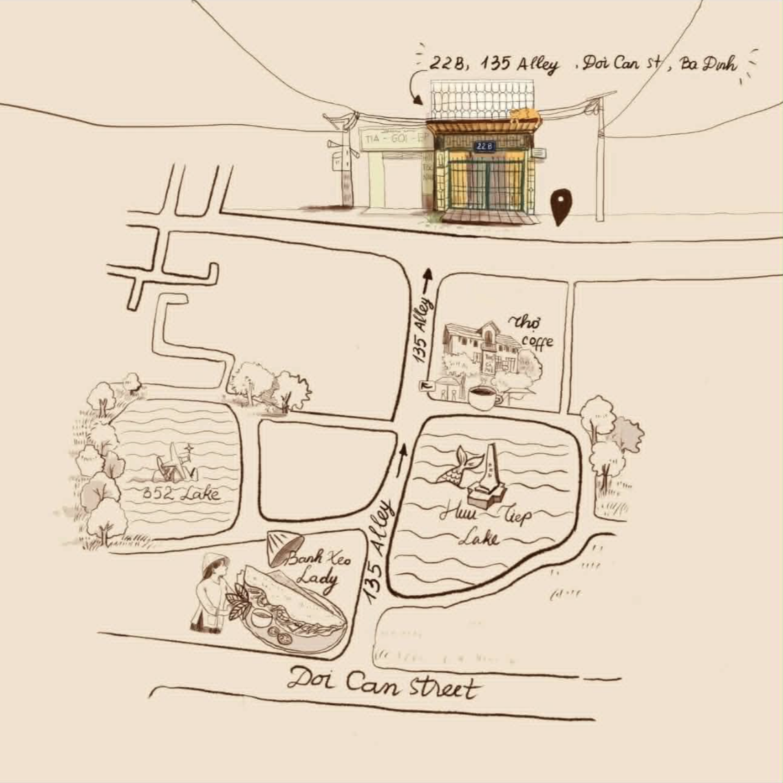Hand-drawn map featuring a building at 22B, 135 Alley, Dot Can Street, with nearby lakes, a coffee shop, and a woman cooking at a wok.