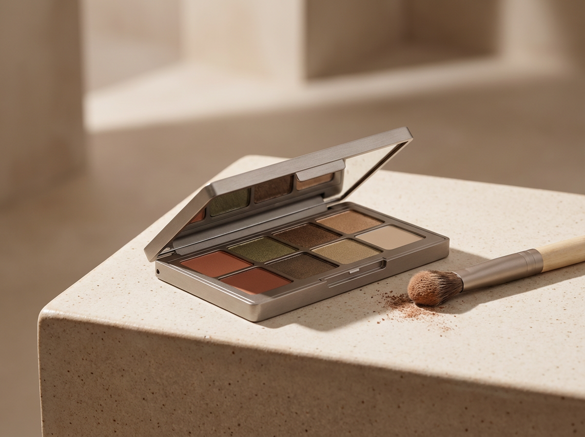 An eyeshadow palette with several shades open on a beige surface, with a makeup brush and some powder beside it.