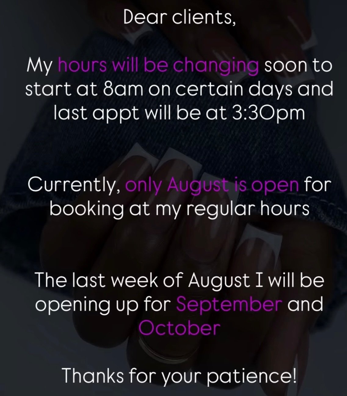 In case you are wondering why September and October are closed 😉 They will be opened August 30th

Feel free to join my waitlist if you are wanting to book a certain date for these months. I will be notifying you ladies when it&rsquo;s open

Link in 