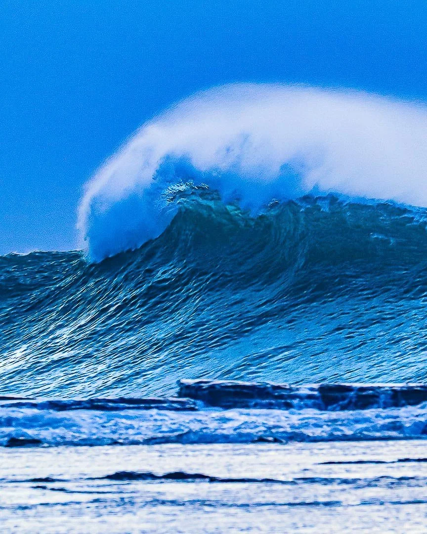 Large ocean wave with white spray at the top, rolling toward the shore under a blue sky.