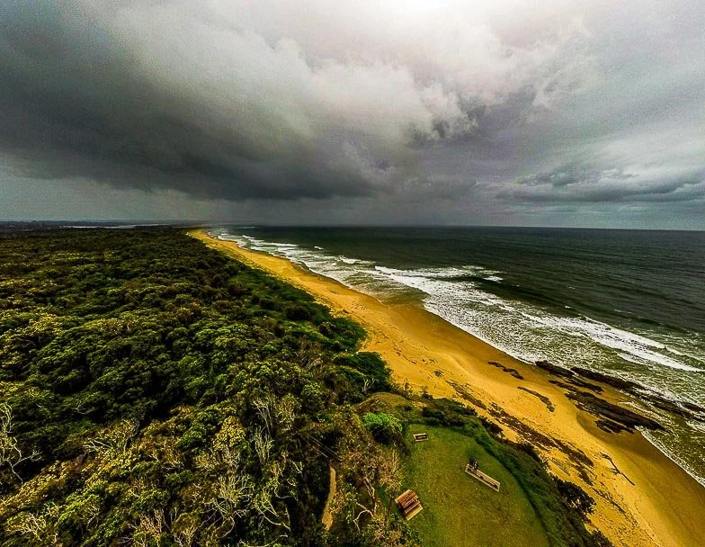 Aerial view of a beach with golden sand, waves crashing on shore, lush green forest, and dark storm clouds overhead.