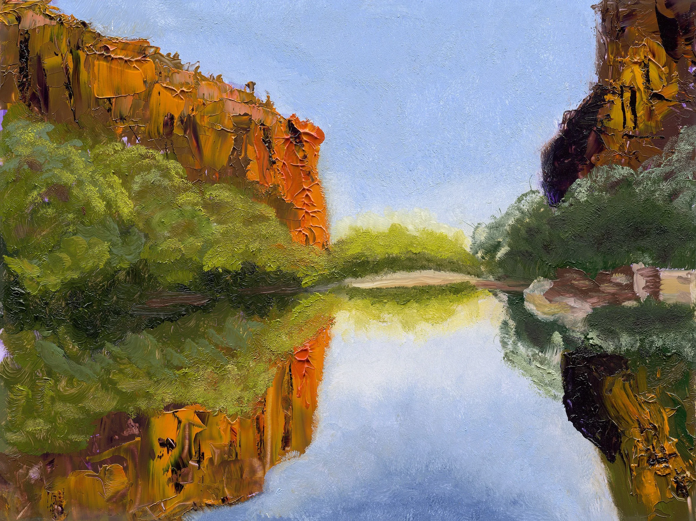 Tranquil Gorge Reflection
22.9 x 30.5 cm (9 x 12 ")
Oil on Flat Wood Panel (Palette knife & Brush)
2026