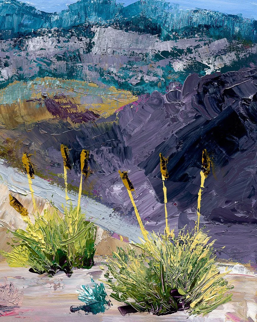 An abstract painting of a mountainous landscape with a colorful sky, created with thick, textured brushstrokes. In the foreground, there are two patches of greenery with tall, yellow-topped plants.