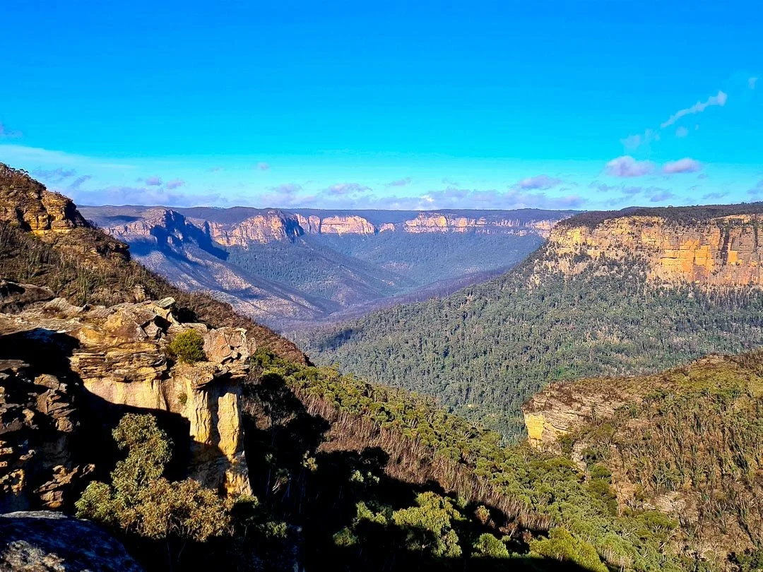 A scenic view of a canyon with layered rock formations, green forested slopes, and a bright blue sky with some clouds.
