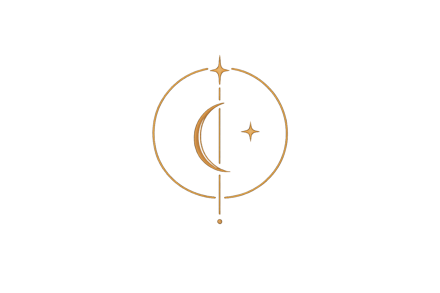 A golden celestial emblem with a crescent moon, star, and geometric lines on a black background.