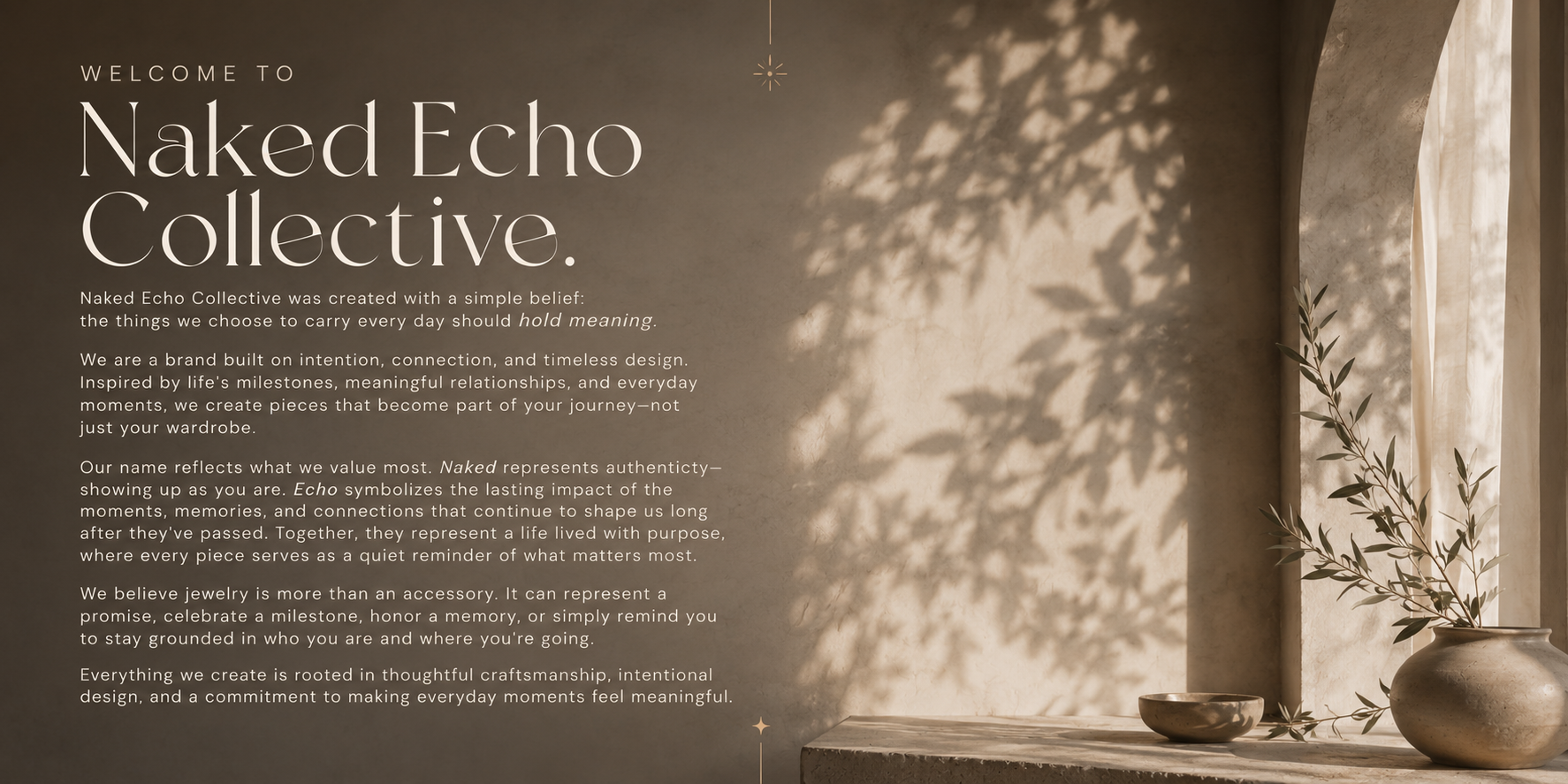 A softly lit interior with beige walls, shadows of leaves, and minimalist decor including a fallen leaf branch in a large pottery vase, a small bowl, and a countertop with a textured surface.