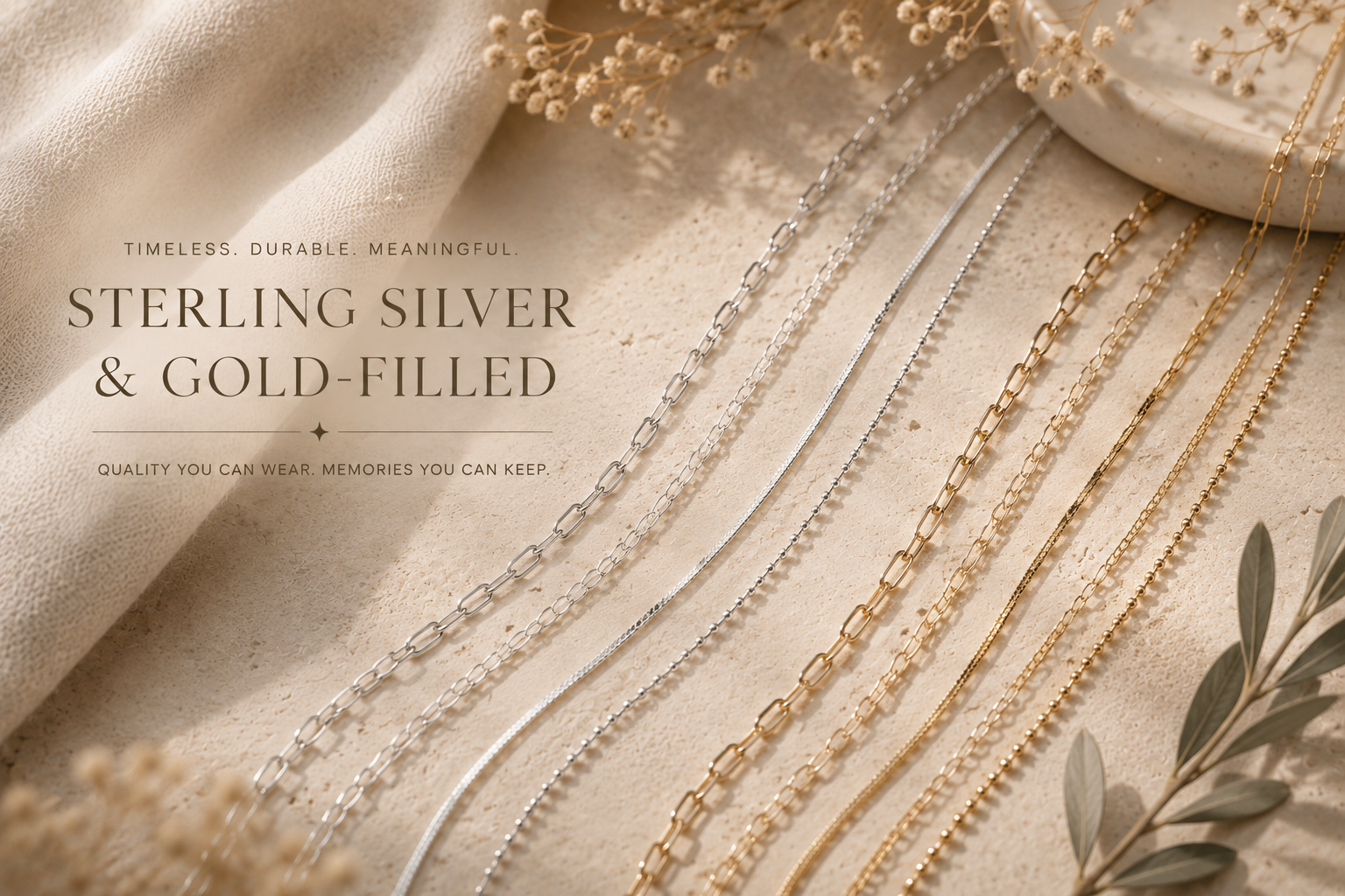 A display of silver and gold jewelry necklaces arranged on a beige textured surface, with decorative dried flowers and a marble dish in the background, advertising sterling silver and gold-filled jewelry.