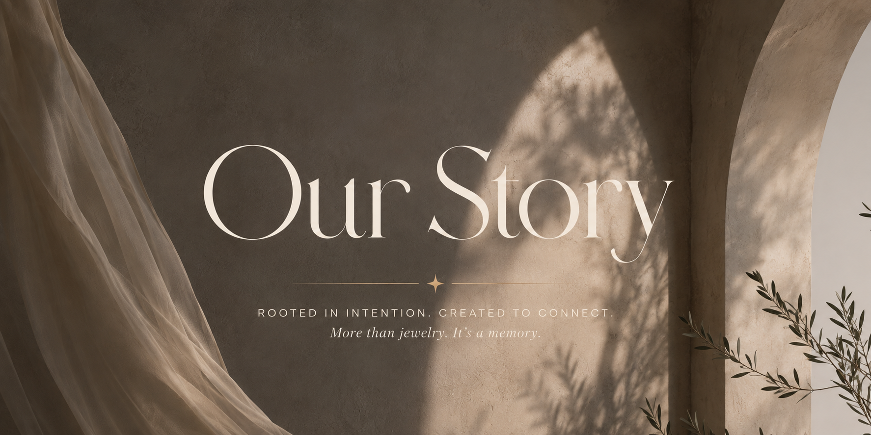 Elegant website homepage with the text 'Our Story' in large font, a soft fabric draping on the left, shadows of leaves on a textured wall, and an archway to the right, suggesting a natural and rustic theme.