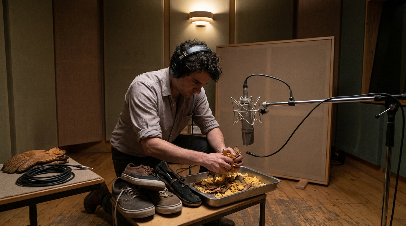 A man in a recording studio wearing headphones, standing at a table with shoes, gloves, and a metal tray filled with what looks like food debris or crumbs, while holding something over the tray. A large recording microphone is suspended in front of him, and musical soundproofing panels are in the background.