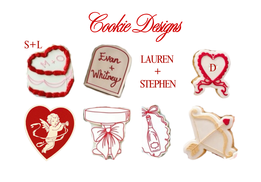 Cookie vendor request illustrating the inspiration for the cookies. Featuring cupid hearts, bow and arrow, a coupe glass with a bow, the couples name in an arch, a heart cake with their initials.