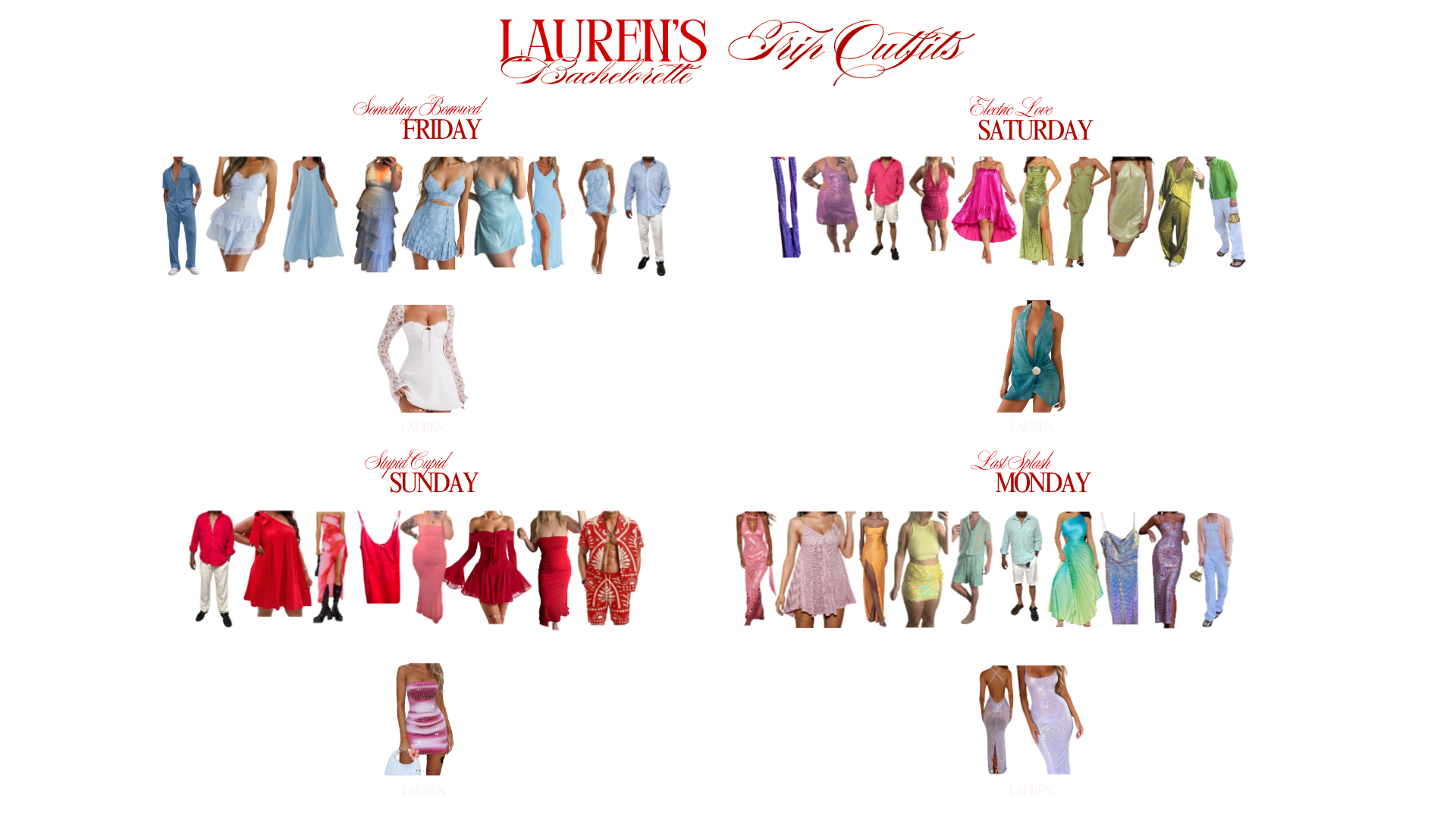 Four sets of cutout silhouettes, illustrating the shapes and colors each guest picked for theme nights. Some screen grabs from purchases or faceless selfies.