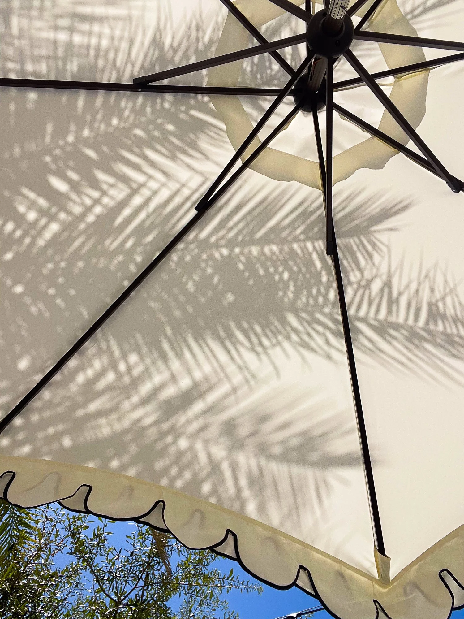 Underneath a beige patio umbrella with black frame, showing shadows of the umbrella's ribs on a white surface. Part of green tree leaves and a clear blue sky are visible at the bottom of the image.