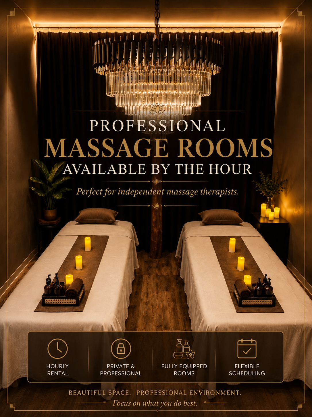A dimly lit massage therapy room with two massage beds, each decorated with candles and bottles of massage oil, black curtains, potted plants, and a large chandelier.