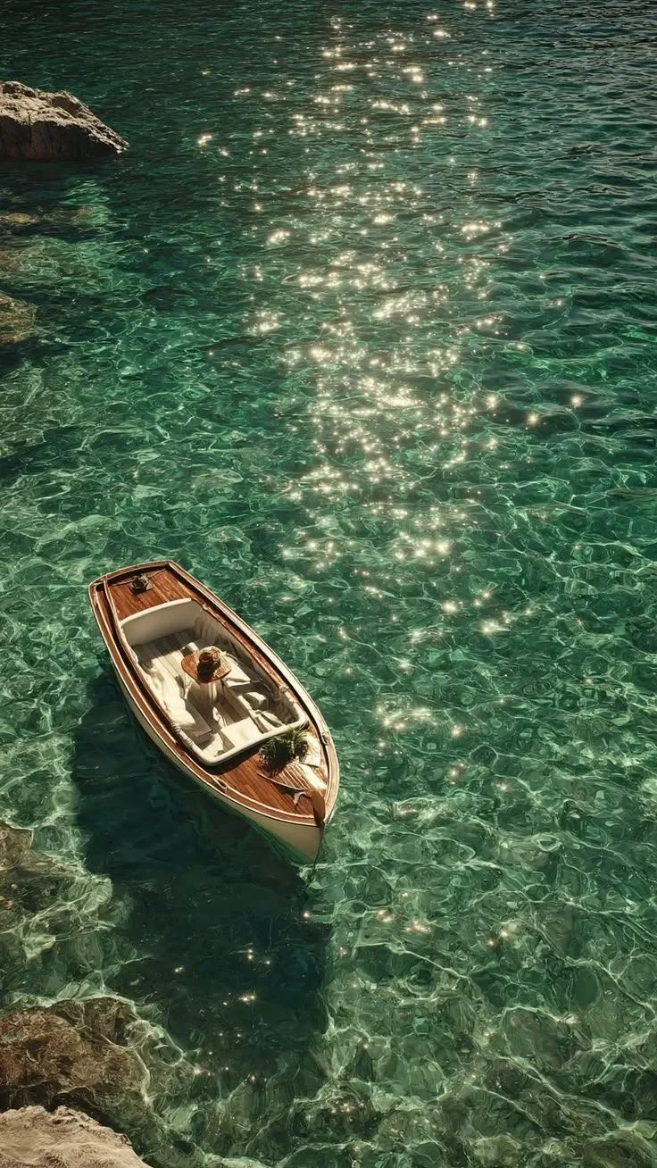 A small boat floating on clear, sunlit turquoise water near rocky shoreline.