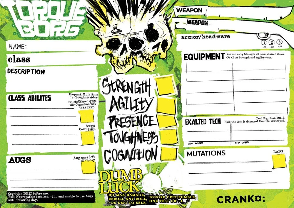 A character sheet for Torque Borg. Featuring form fallible tables for all aspects of player characters.