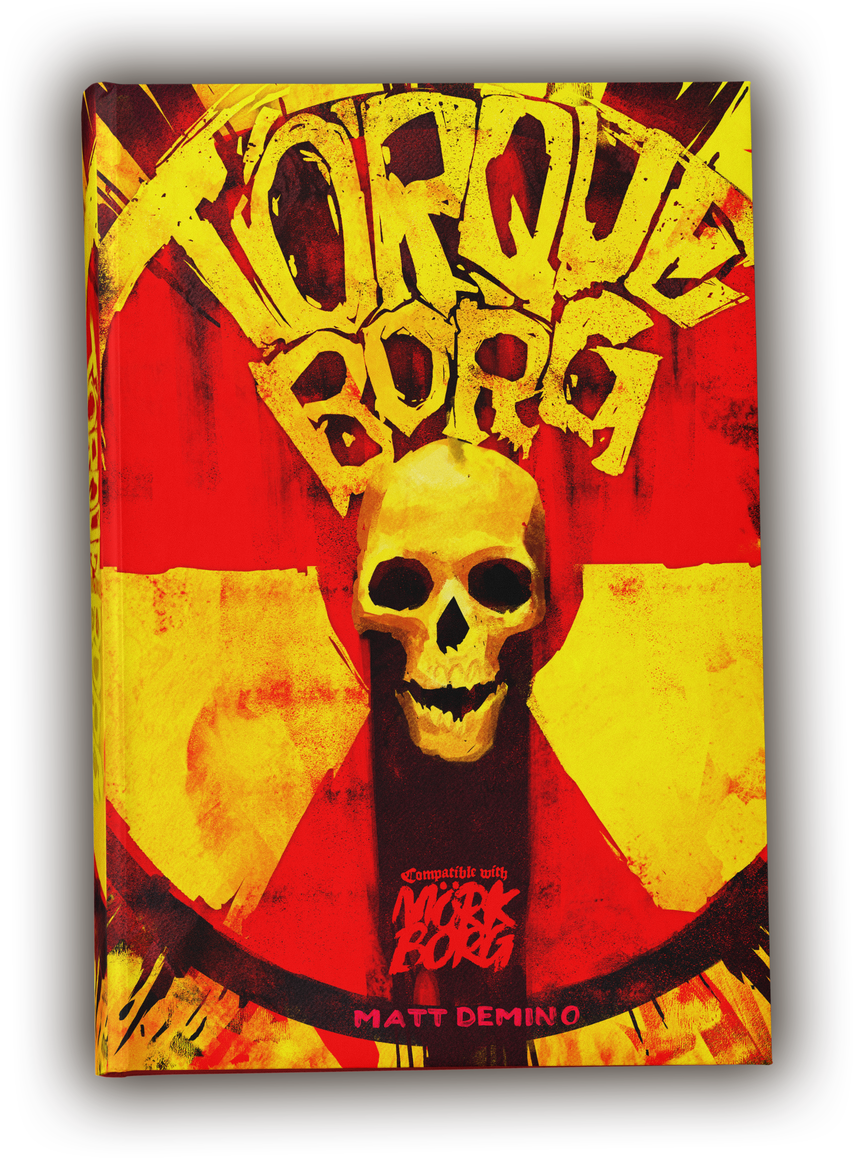 A physical book version of Torque Borg. There is a yellow skull at the center, and the logo and designs make it appear as a cohesive "Radioactive" symbol.