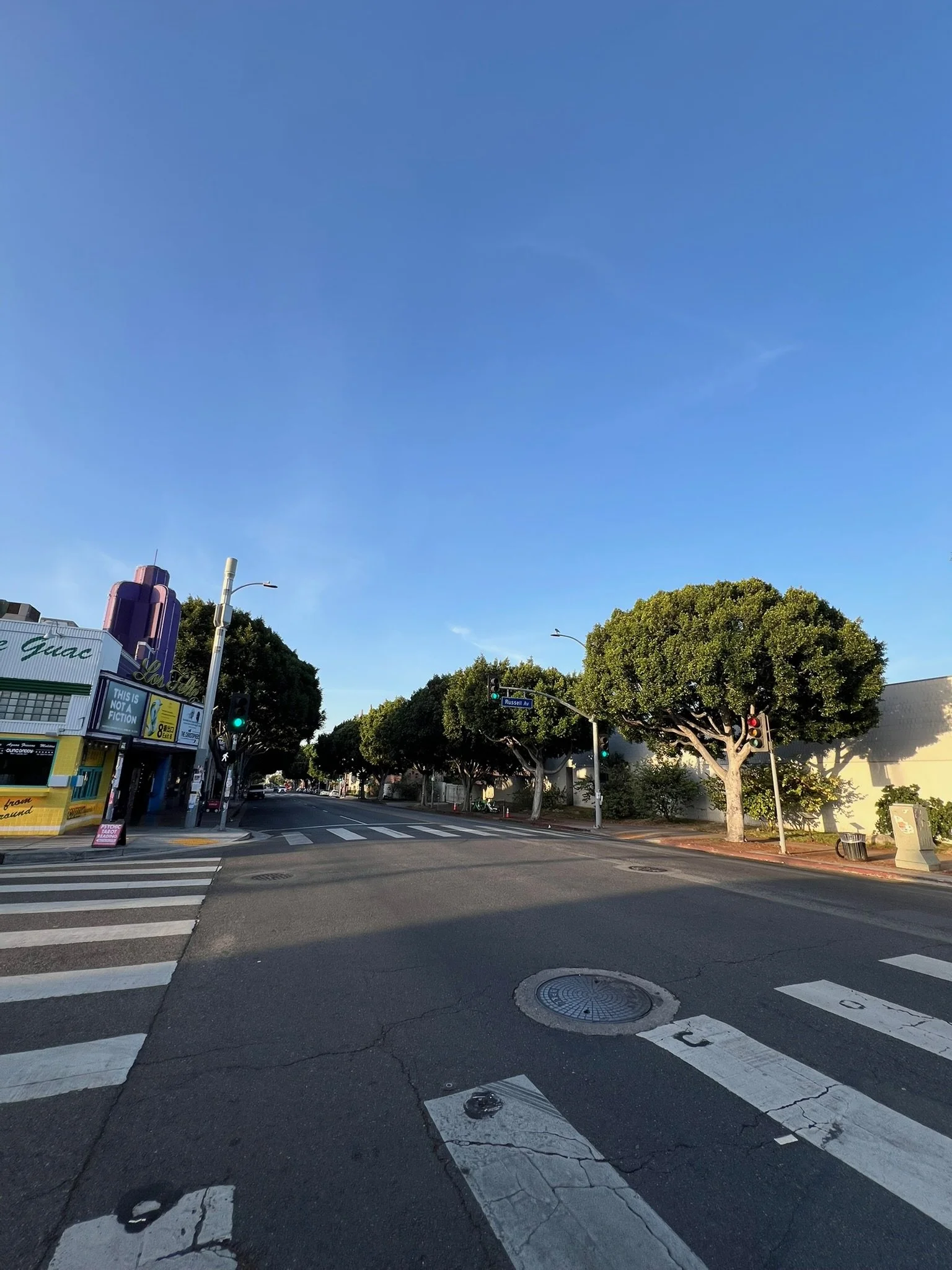 Sunset Boulevard street scene in Los Angeles with vintage storefronts and tree-lined sidewalks