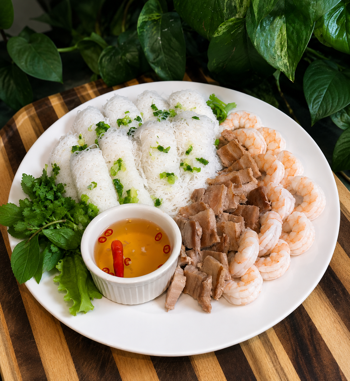 Plate of Vietnamese spring rolls, cooked shrimp, chopped pork, fresh herbs, and dipping sauce with chili slices on a wooden table.