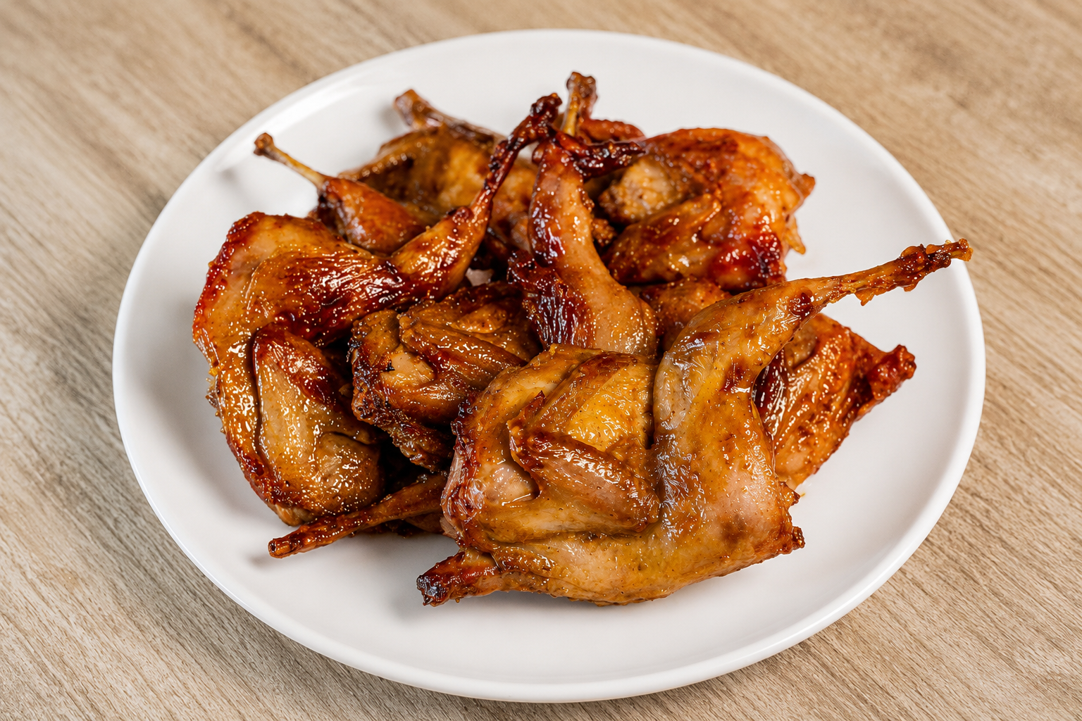 A white plate with cooked chicken wings on a wooden surface.