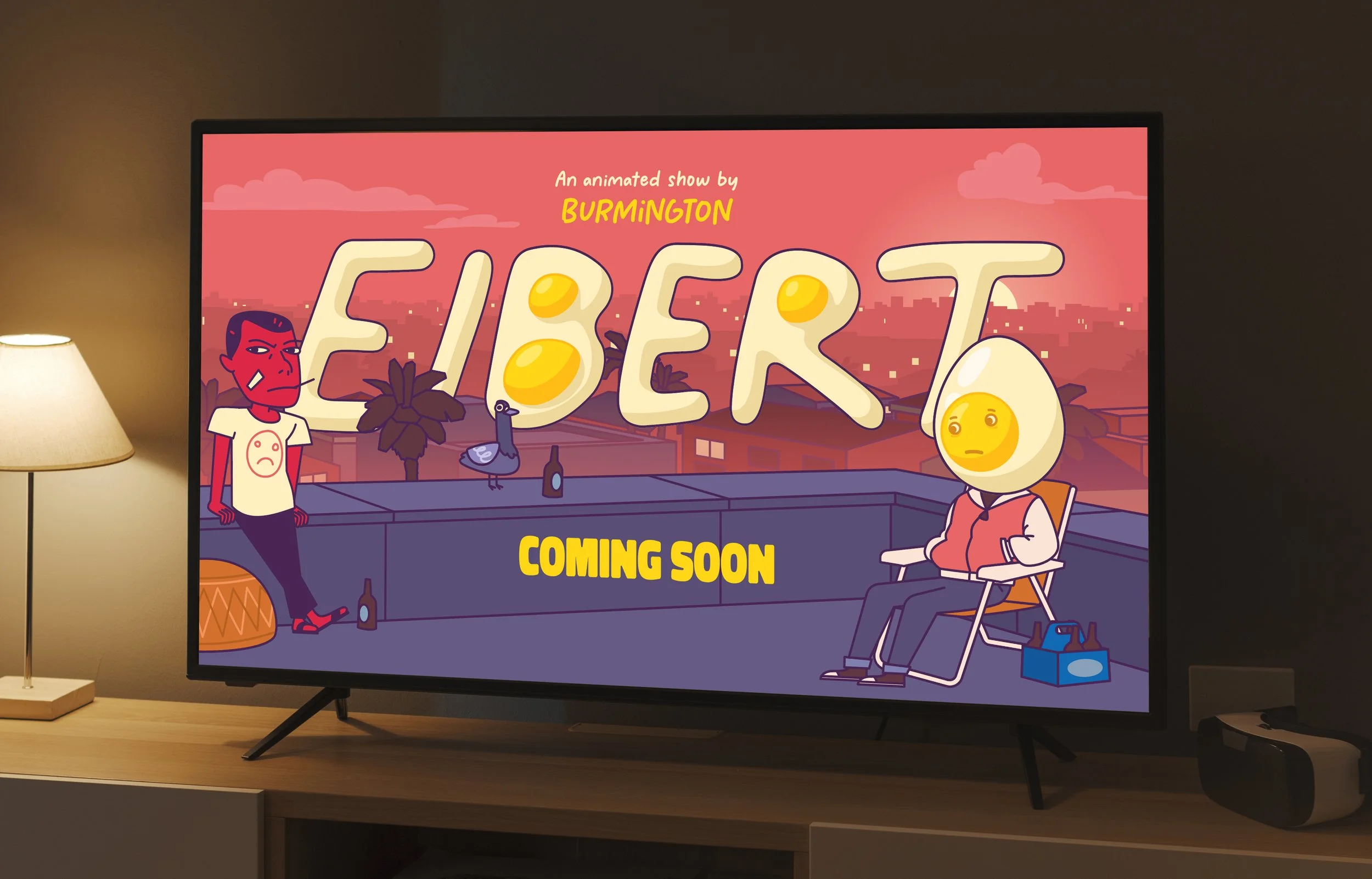 A television showing a title card of an animated show. The title card depicts a city rooftop scene at sunset with animated characters, and the title reads 'Eibert' and 'Coming Soon'.