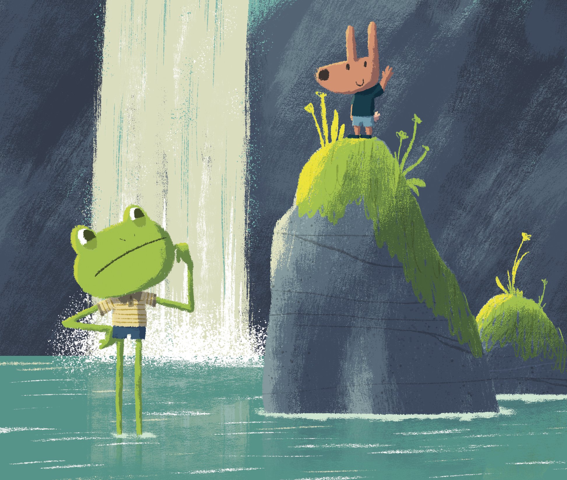 An illustration of a green frog with a big head and wide eyes, standing in a pond, with a waterfall or stream in the background.