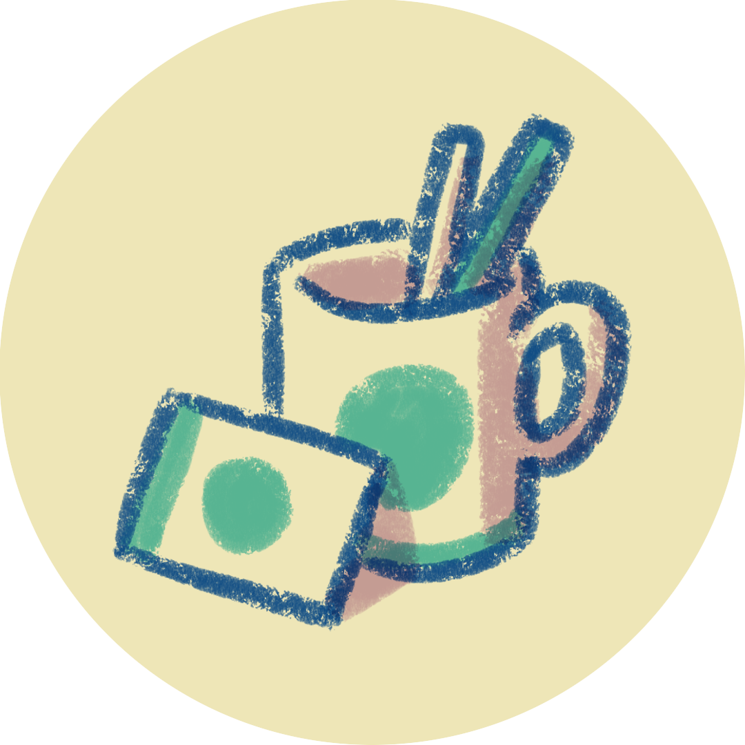 A colorful, crayon-style drawing of a mug holding two pencils, with a business card leaning against it, on light background.