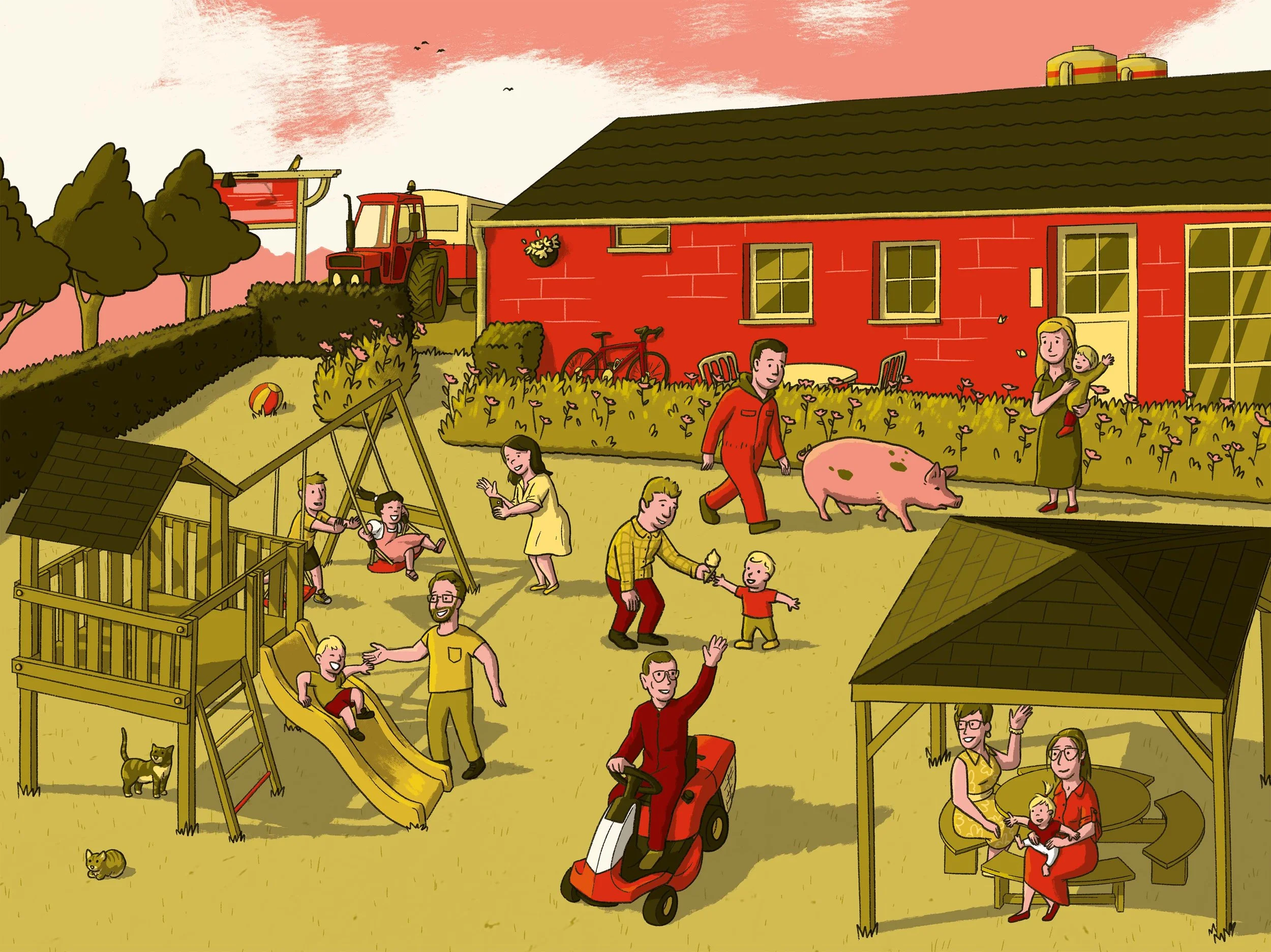 A lively backyard scene at sunset featuring children playing on a playground, a pig and a cat, adults socializing, a tractor, a red brick house, and a sunset sky with birds flying.