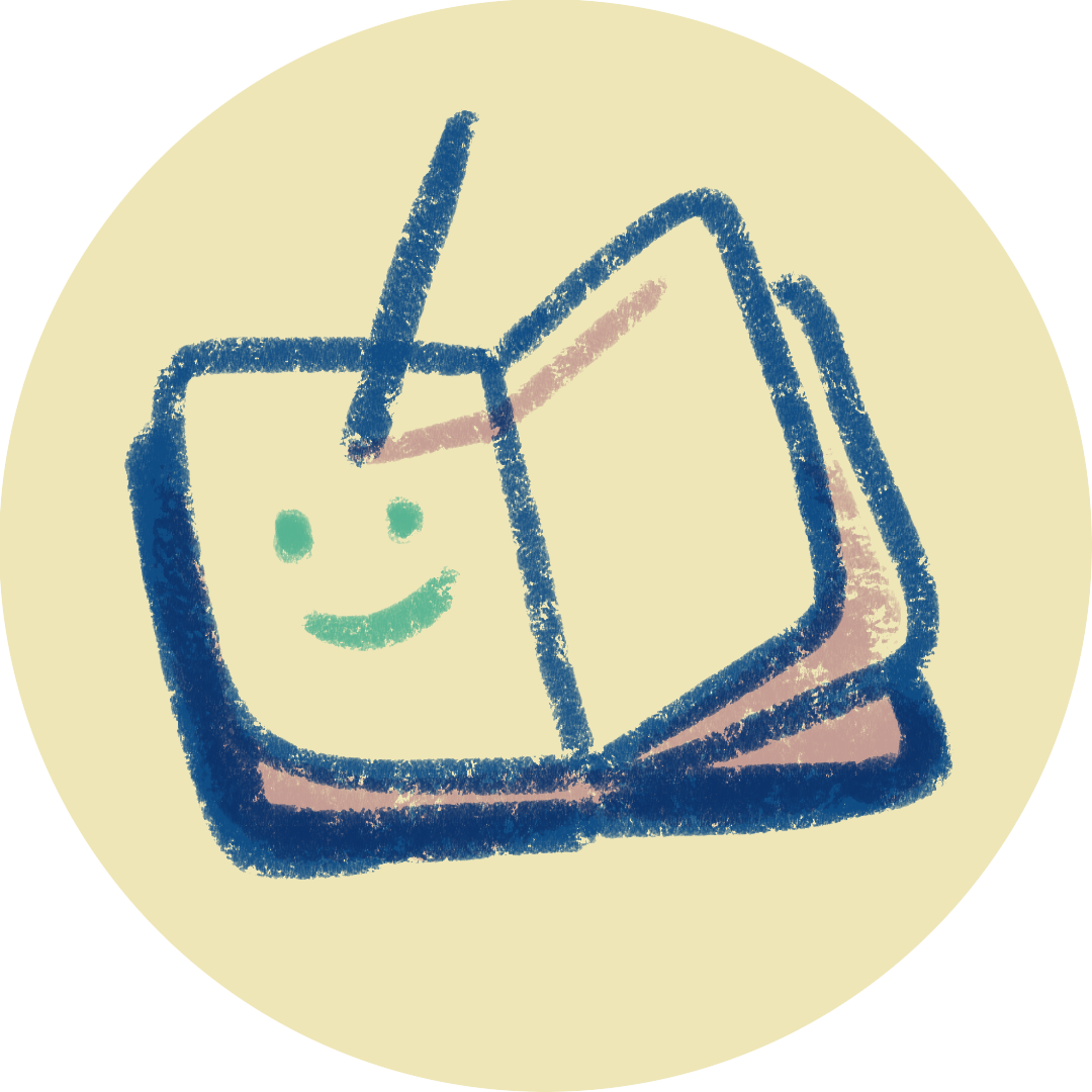 A colorful, crayon-style drawing of a sketchbook with a smiley face drawing, on a light background.