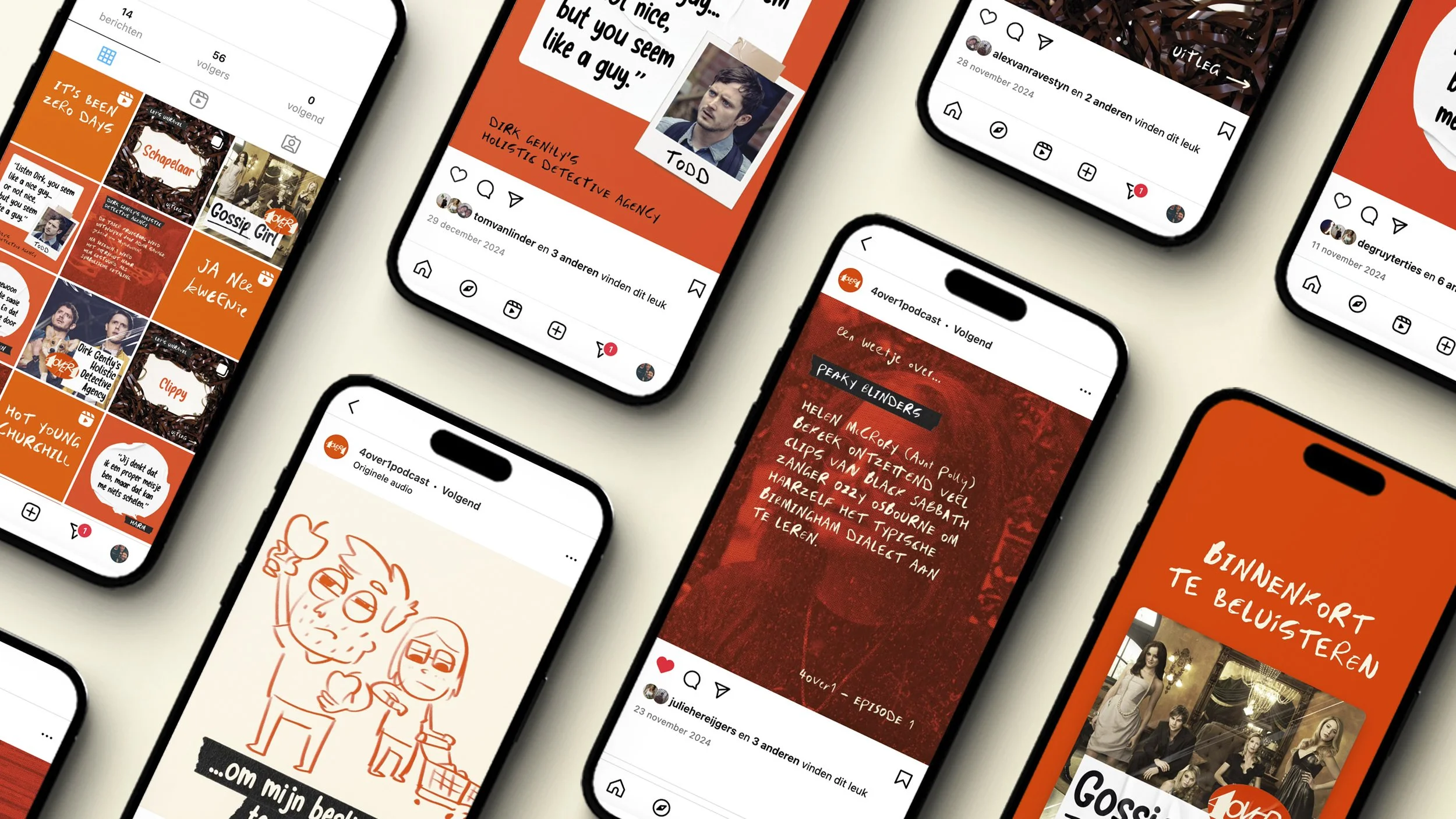 Multiple smartphone screens displaying social media posts, stories, and images with orange and white color schemes, text, and photos of people and illustrations.