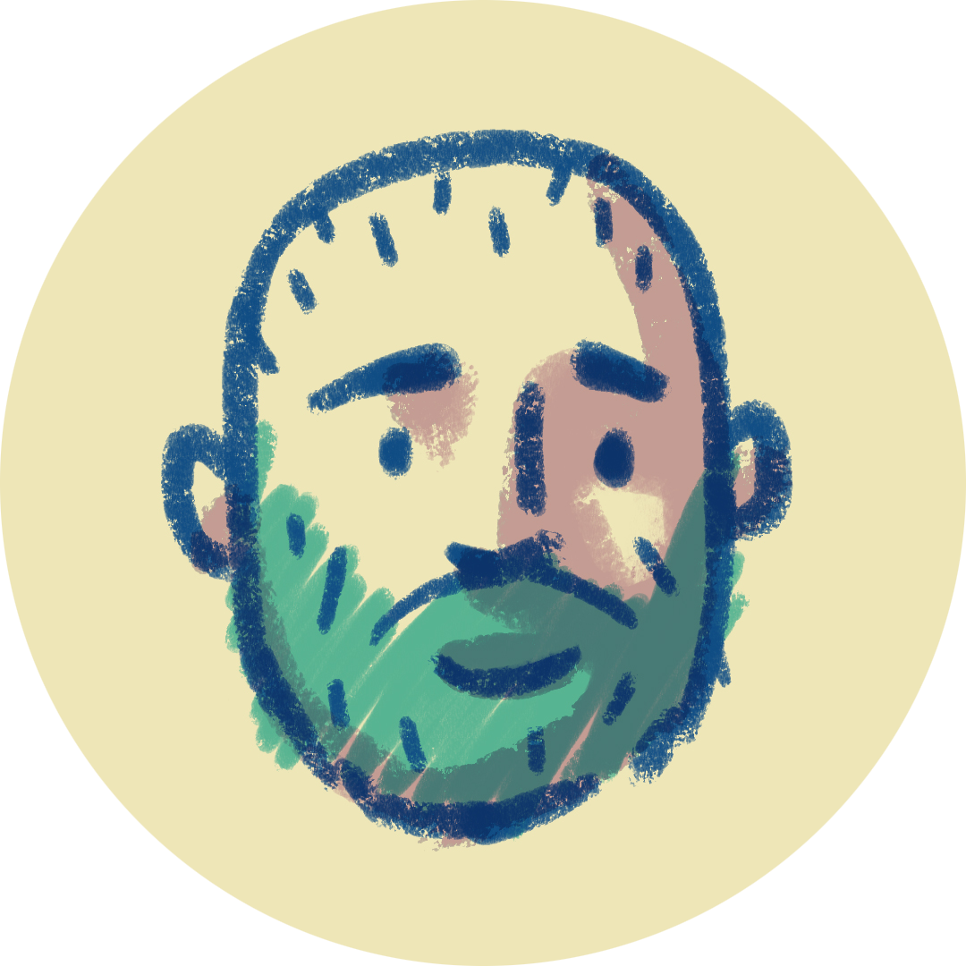 A colorful, crayon-style drawing of a man's face with a beard, on a light background.
