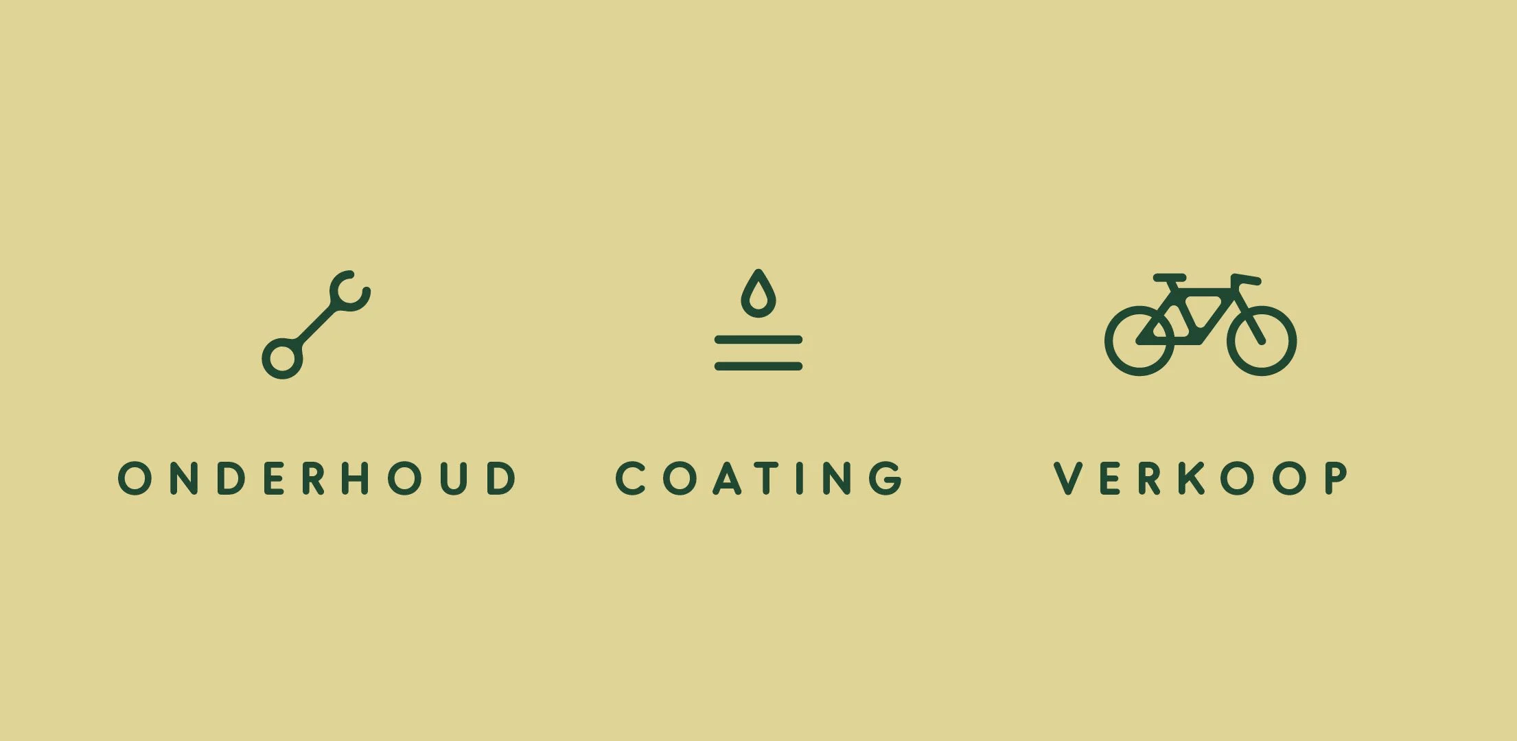Icons of a wrench, a water droplet with lines below, and a bicycle.