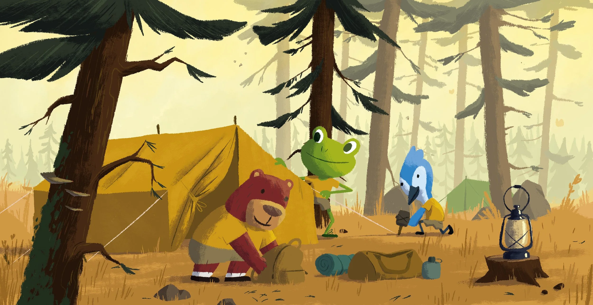 An illustration of a forest scene with camping gear and a tent being pitched by a bear, frog and blue bird.