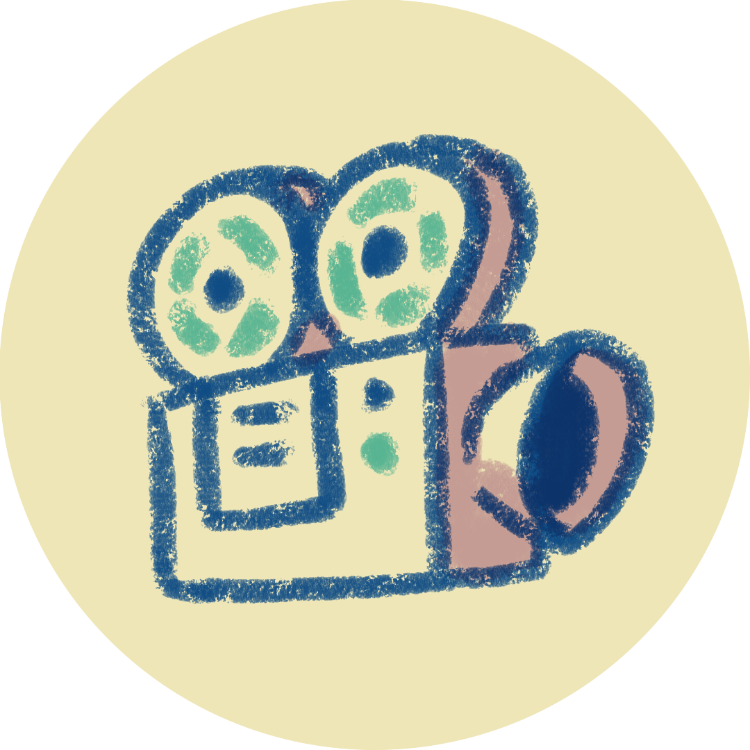 A colorful, crayon-style drawing of a vintage film camera with two reels, a lens, and a viewfinder, on a light background.