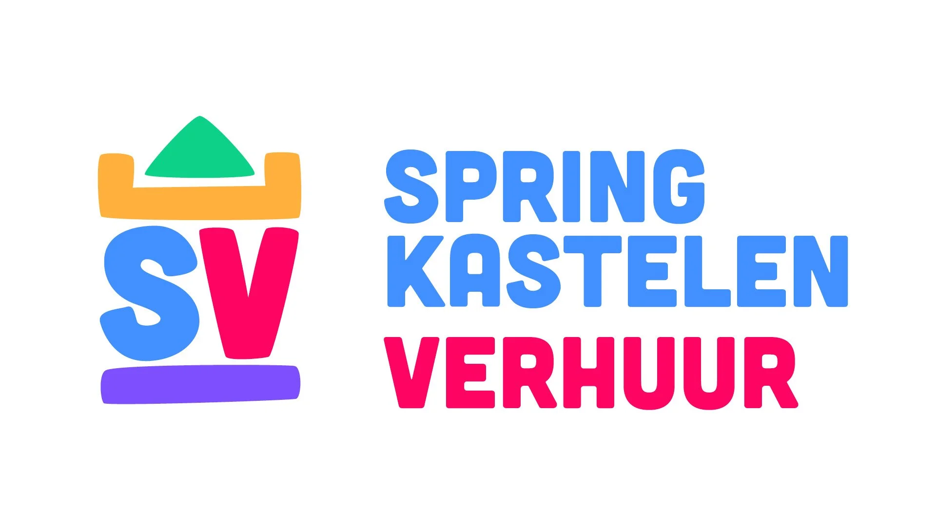 Logo with colorful stacked blocks forming the shape of a bouncy house, with text stating "Springkastelen verhuur" in blue and pink, indicating a bouncy house rental business.