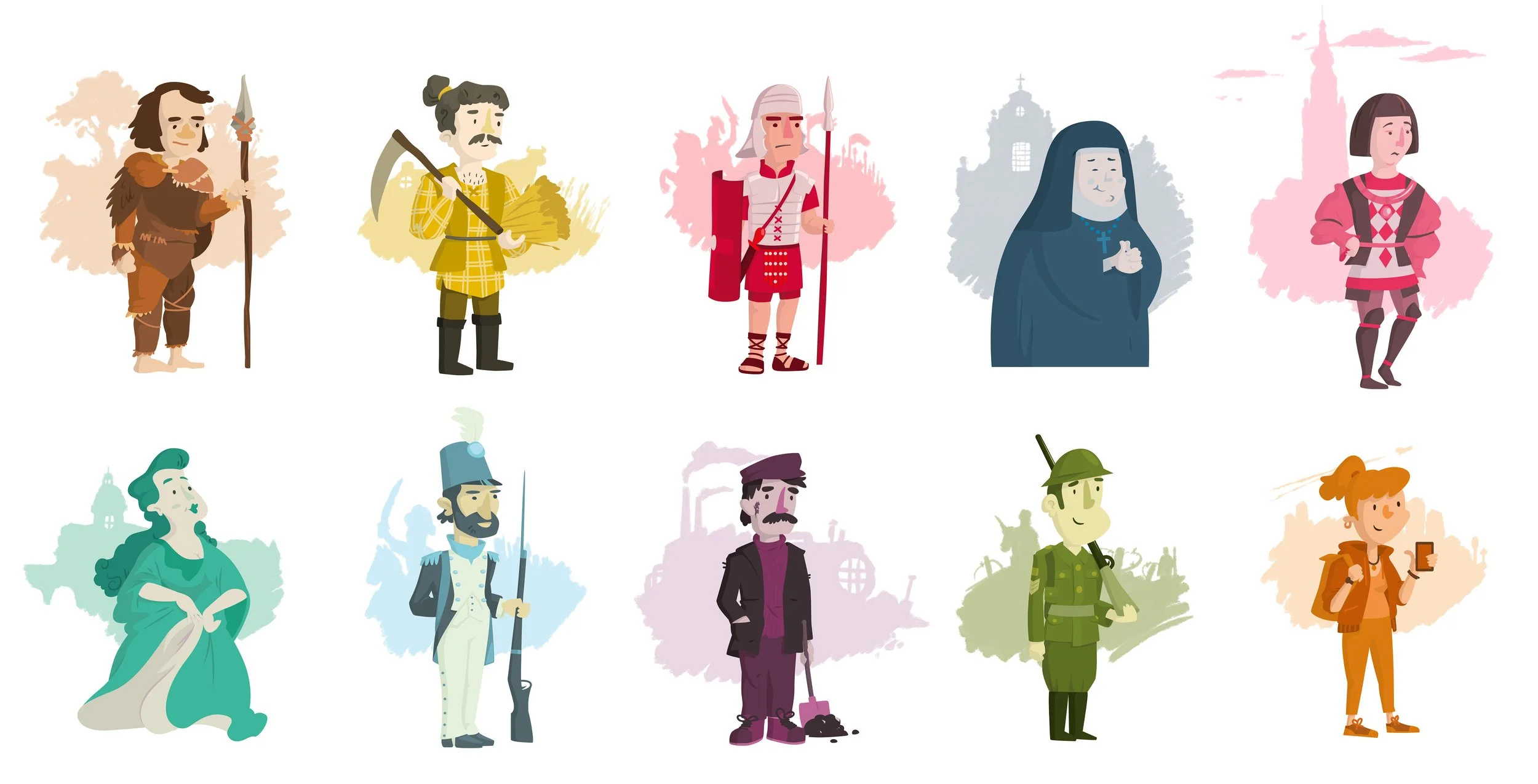 Illustrations of diverse historical characters, including a caveman, medieval knight, Roman soldier, and nun.