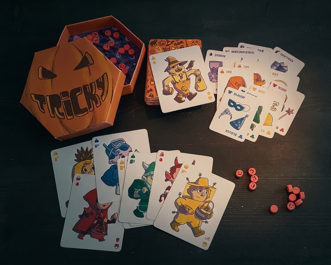 A Halloween-themed card game named 'Tricky' with illustrated character cards and orange tokens on a black surface.