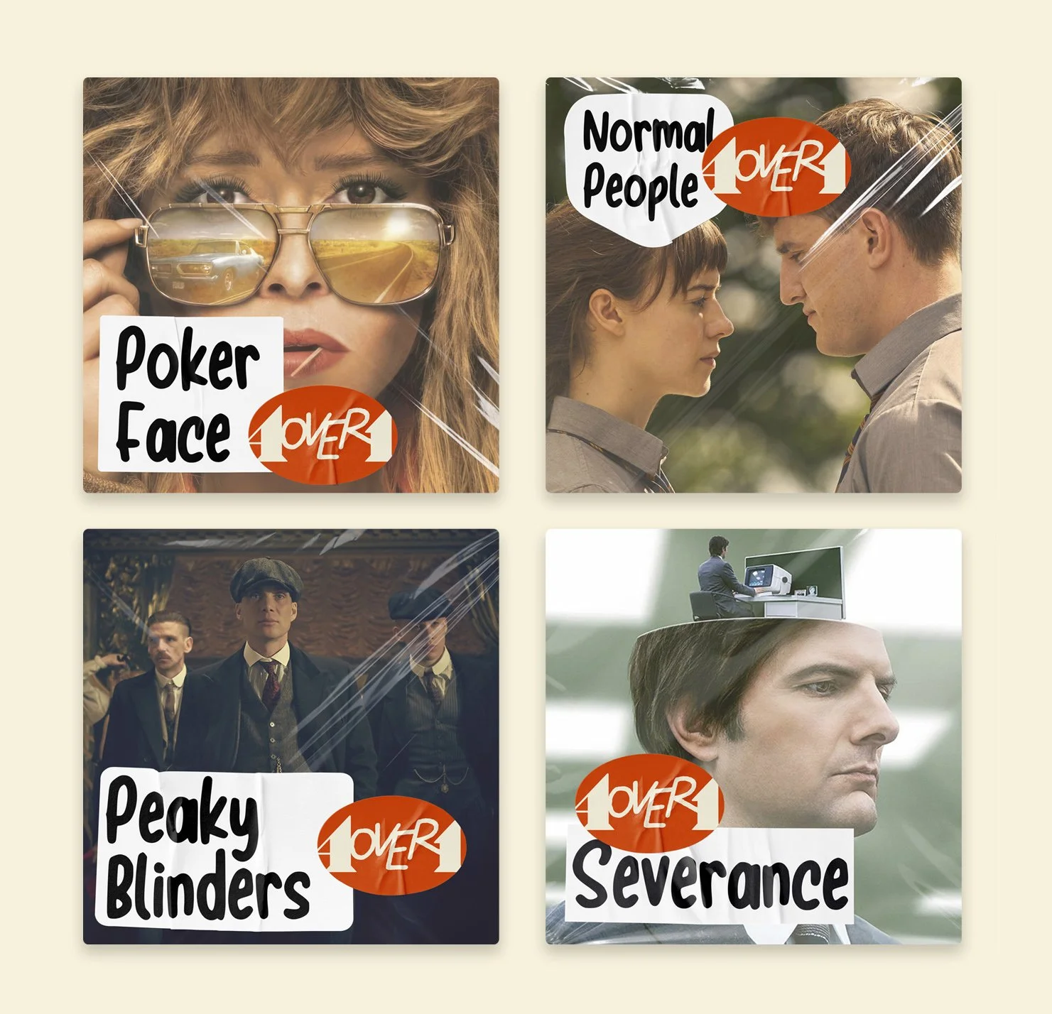 Four covers of podcast episodes about tv series arranged in a grid. The covers show the series 'Poker Face', 'Normal People', 'Peaky Blinders' and 'Severance'.