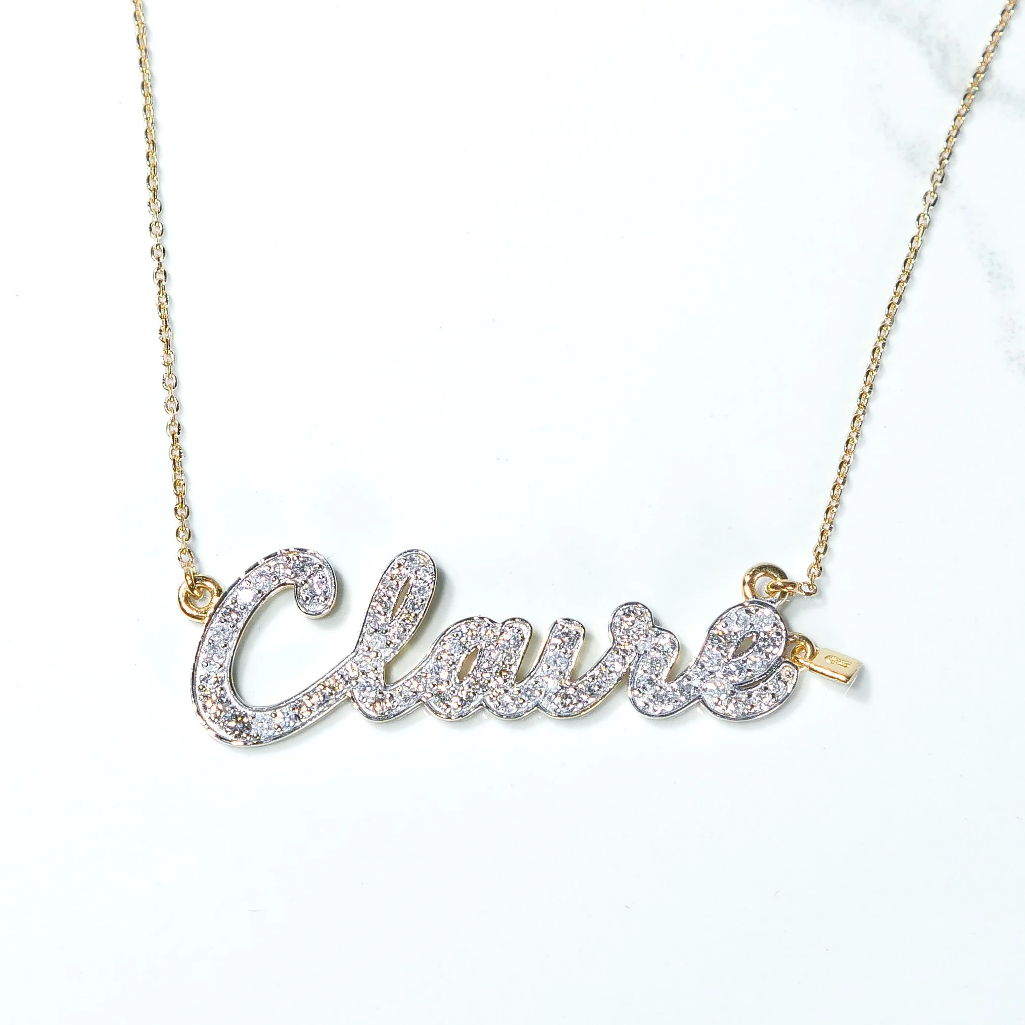 Custom name pendant in 9k gold set with lab-grown diamonds, on a fine chain