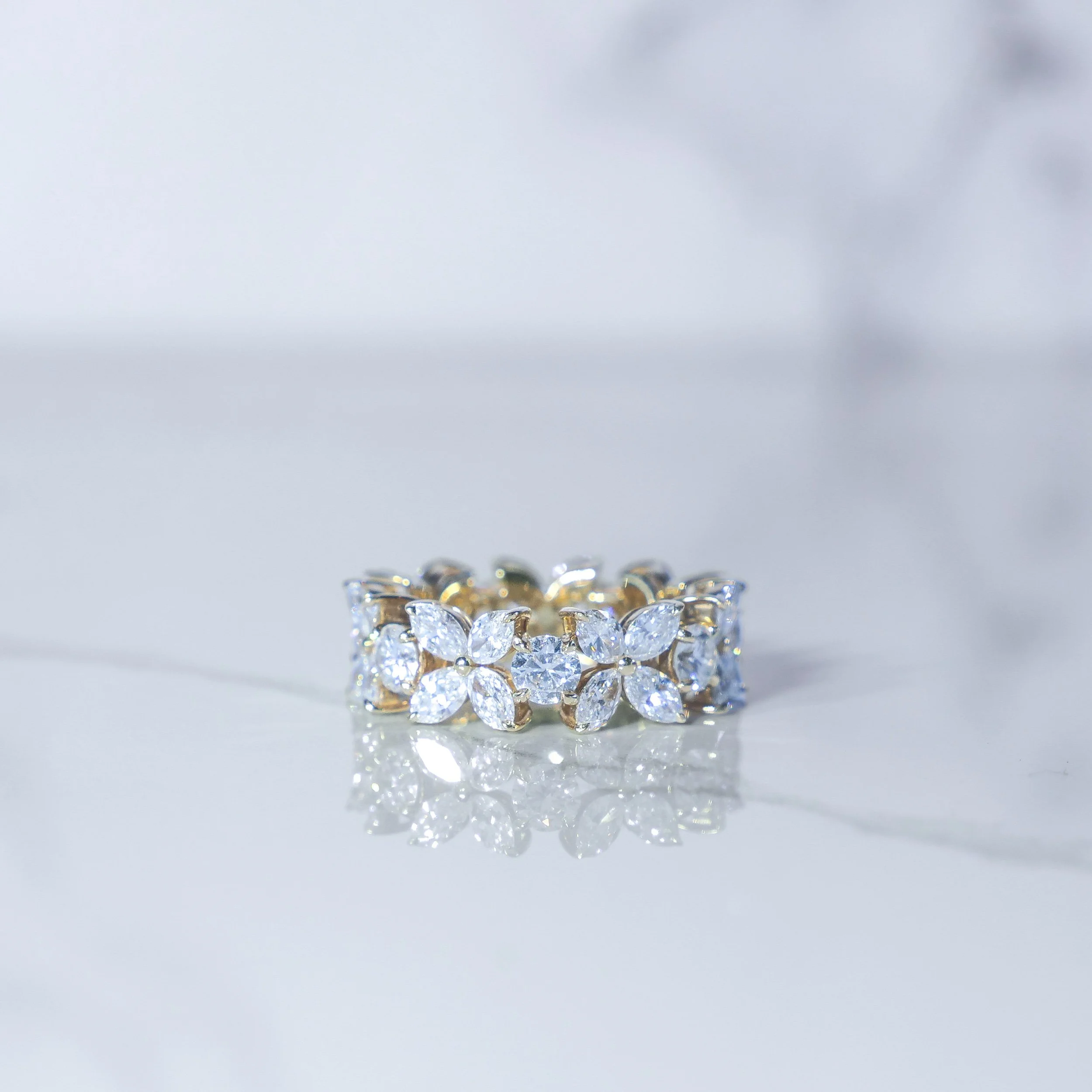 Marquise lab diamond band ring in 9k gold, side view