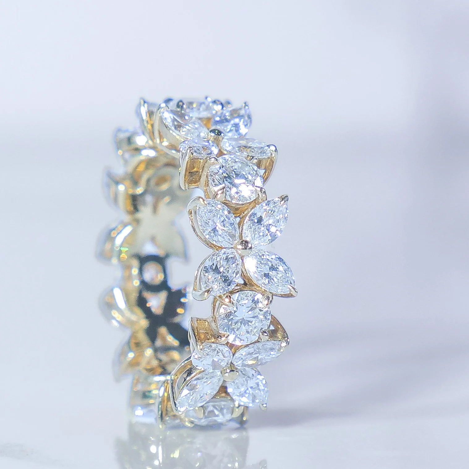 Close-up of the marquise lab-grown diamond band, front view