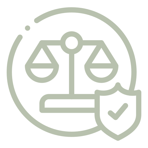 Icon of balanced scales with shield and check mark, representing legal protection or justice.