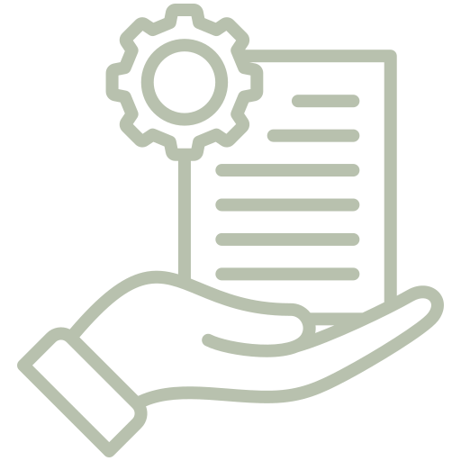 Outline of a hand holding a document with lines of text and a gear symbol above