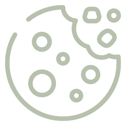 A simple line drawing of a partially eaten cookie with chocolate chips.