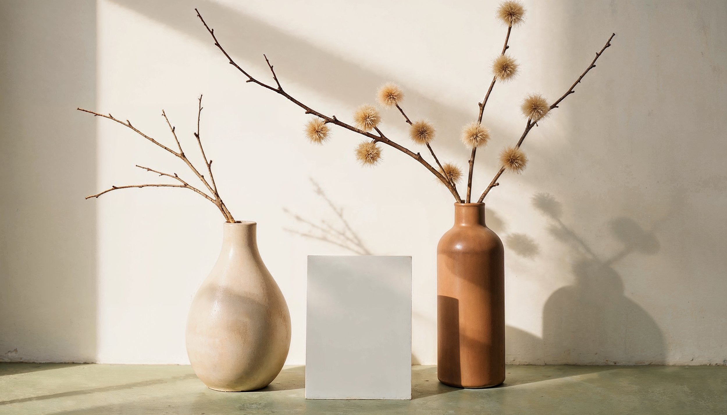Two vases with dried branches and fluffy seed heads, one beige and one terracotta, against a light background with shadows.